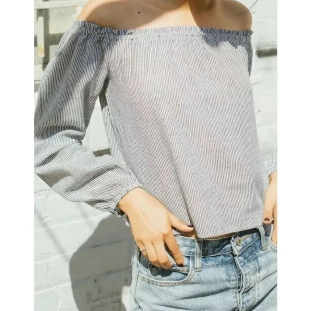 BRANDY MELVILLE THEIA Boxy Crop Peasant Top Pinstripe elastic charcoal white - Picture 1 of 14
